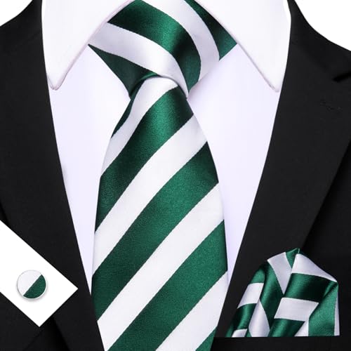 Image of Barry.Wang Man Stripe Ties Set Silk Woven Pocket Square Necktie Cufflinks Formal Party Business