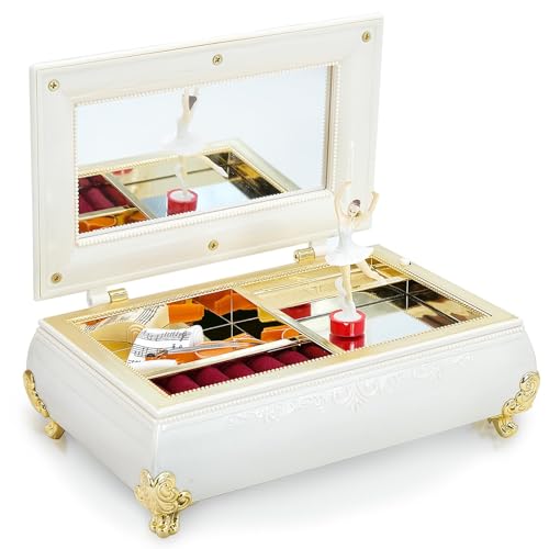 Muduolu Musical Jewellery Box with Ballerina Figurine and Mirror, White Wind Up Jewelry Organizer for Rings Earrings Necklaces, Vintage Gift for Girls Women