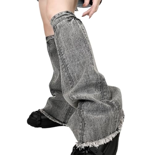Women Distressed Jeans Leg Warmer Elastic Cuffs Punk Washed Denims Flared Boot Covers Footless Long Socks Streetwear