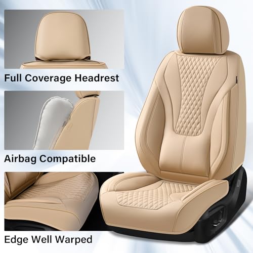 Image of Coverado Waterproof Nappa Leather Car Seat Covers, Automotive Fullset Seat Covers, 5 Seat Car Seat Cushion & Car Seat Protector, Beige Front and Rear Covers Universal Fit for Most Cars, SUVs, Trucks