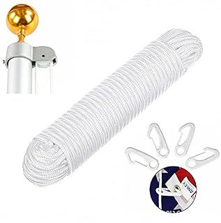 YINLER 49 Ft 6mm Nylon Flag Rope,White 15M Double Braided Flag Pole Line with 4pcs Clips,Washing Line for Hanging Flags/Clothes Outdoor Travel Garden (CY0889)