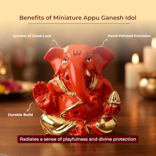Image of Divine Hindu Miniature Appu Ganesh Idol | Small Murti for Car Dashboard, Home Decor, Office Table, Pooja | Spiritual Gift Item for Housewarming | Ganesh Chaturthi & Diwali Gift | 7 cm
