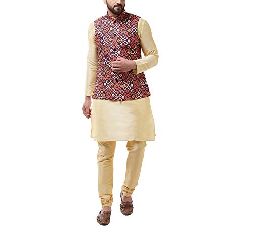 Image of SOJANYA (Since 1958 Men's Silk Blend Gold Kurta Pyjama & Printed Nehrujacket Combo