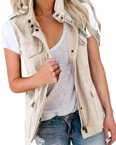 Imily Bela Gilet cargo sans manches pour femme - Parka courte avec poches et cordon de serrage - Printemps été - Vêtement d'extérieur, beige, M
