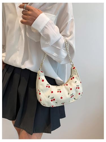 MakeMeChic Women's Cherry Print Pearl Crescent Shoulder Handbag Top Handle Zipper Underarm Bag3