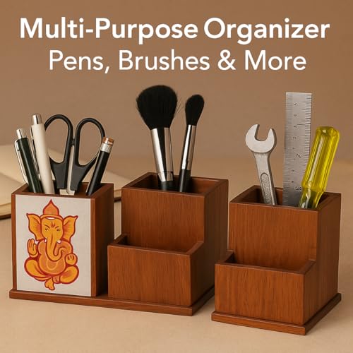 Image of Handcrafted Wooden Pen Holder & Mobile Stand | Desk Organizer for Office, Home & Study Table | Pen Pencil Stand with Card Holder (6.75x3.75x2.5 Inch) (Ganesha Harmony)