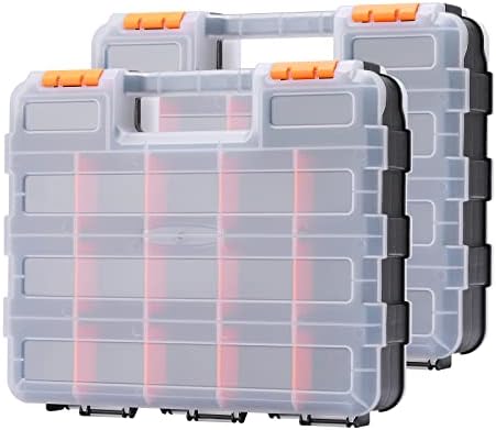 CASOMAN Double Side Tool Organizer, with Impact Resistant Polymer and Customizable Removable Plastic Dividers, Hardware Box Storage, Excellent for Screws,Nuts,Small Parts, Black/Orange. 2-Pieces Pack