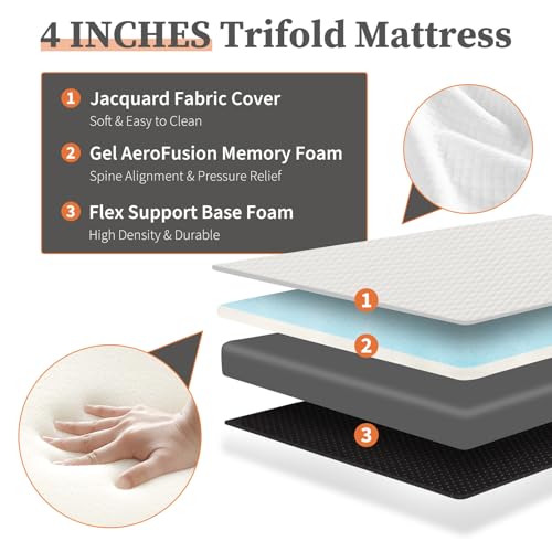 Sweetcrispy Tri-fold Memory Foam Mattress - 4 Inch Full Size Portable Bed Pad, Foldable Floor Mat, Collapsible and Washable Cover with CertiPUR-US Certified, for Travel & Camping & Yoga