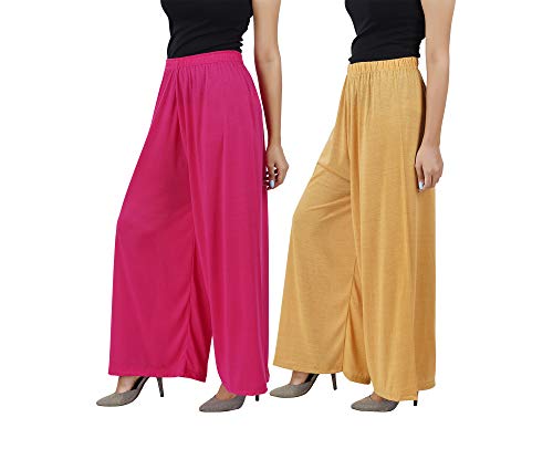 Image of Buy That Trendz M to 4XL Cotton Viscose Loose Fit Flared Wide Leg Palazzo Pants for Women Rani Pink Dark Skin Combo Pack of 2