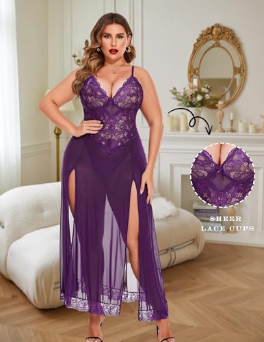 Image of Avidlove Plus Size Lingerie for Curvy Women Long Lace Babydoll Nightdress | V neck sheer mesh nightgown,g-string included,high side slits,adjustable straps,curve-flattering fit,maternity photoshoot