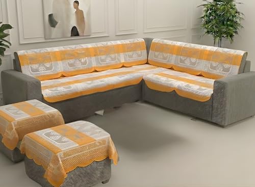 Image of Fab Nation Sofa Cover L Shape 5 Seater with Corner L Type Fully Covered Sofa Set for Living Room | Cotton Sofa Slipcovers for 3 + 2 Seaters Cover + 2 Setty Cover Set | Yellow