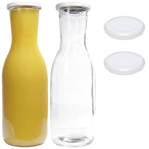 Produktfoto von mikken 2 x Glasflasche 1 Liter Karaffe mit Deckel weiß + 2 Ersatzdeckel und 2 Etiketten