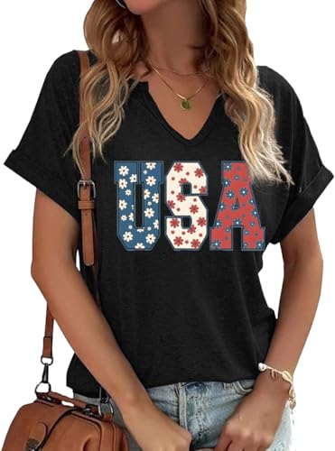 Women's USA Floral Flowers V Neck Shirt 4th of July...