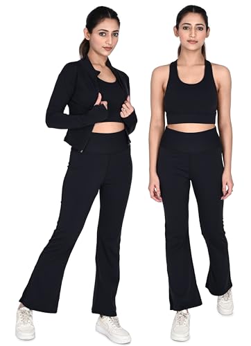 Image of SSoShHub High Waist Stretchable Gym Flair Pant, Stylish Bra and Jacket Gym wear /Active Wear Yoga Flair Pants Dance Womens Workout Tights, Jacket Top Stretchable Sportswear set