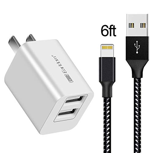 Earldom Wall Charger Compatible with iPhone X / 8 / 7 / 6S / 6 / Plus / SE / 5S / 5C, iPod, iPad, Dual Port Travel Power Adapter 2.4A 12W and Nylon Braided Charging Cable 6.6ft USB Charge Cord