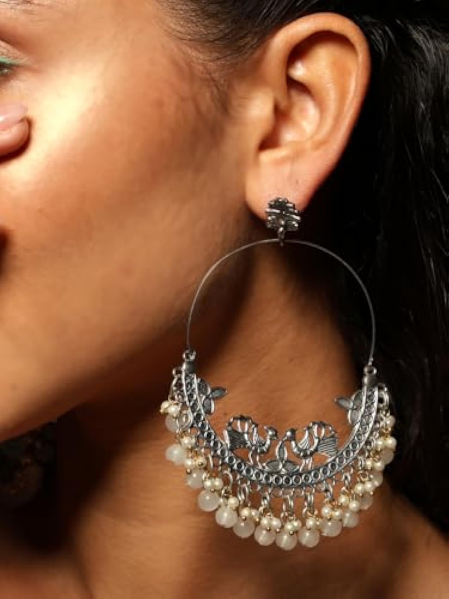 Silver Plated Oxidised Chandbali Earrings, Traditional Design