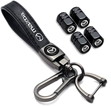 Car Wheel Caps,Tire Valve Stem Caps with Genuine Leather Keychain for Mazda Cx7 Cx5 Cx9 Cx-5 Cx3 Mx-5 Protege Valet Rotary Rx8 Series with Car Logo Keychains car Accessories
