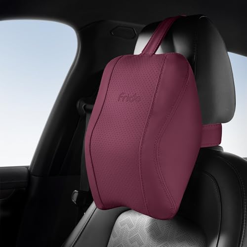 Image of Frido Premium Car Neck Rest Pillow with Ergonomic Memory Foam Headrest Cushion and Luxe Leatherette Cover, Comfortable Neck Support for Driving, Relieves Neck Pain for Long Drives and Travel | Maroon