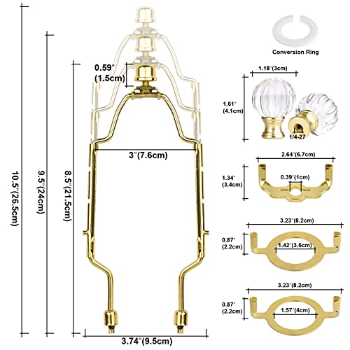 Image of WEAVERBIRD Lamp Shade Harp Bracket 8 9 10 inch Adjustable Lamp Harp Kit with 3 /8 Standard Saddle,E14 E26 E27 Light Base UNO Fitter Adapter Converter Finial Set and Crystal Lamp Finial Knob, Gold