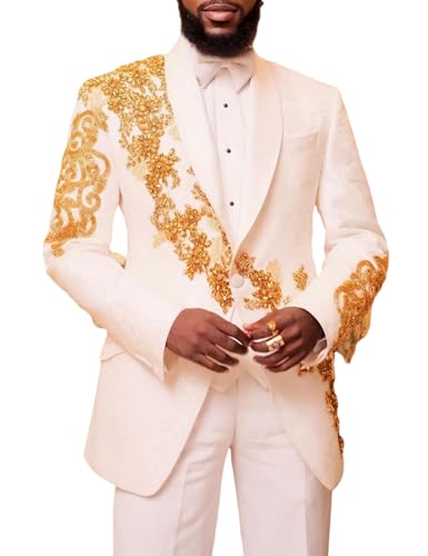 Mens Luxury 2 Pieces Suit with Gold Rhinestone Slim Fit Shawl Lapel Blazer Jacket Pants Set for Prom,Party,Dinner