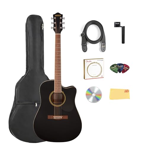 Gretsch Prelude D100CE Dreadnought Cutaway Acoustic-Electric Guitar - Black Bundle with Gig Bag, Strap, Strings, String Winder, Picks, Austin Bazaar Instructional DVD, and Polishing Cloth