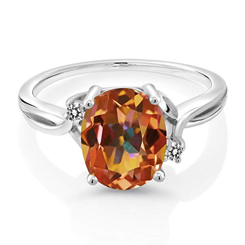 Gem Stone King 925 Sterling Silver Ecstasy Mystic Topaz and White Diamond 3 Stone Ring For Women (3.23 Cttw, Oval 10X8MM, Gemstone Birthstone, Available In Size 5, 6, 7, 8, 9)2