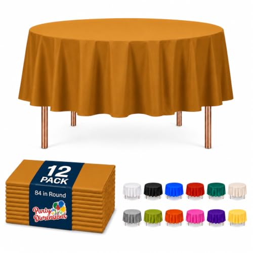 Image of Party Dimensions Gold Disposable Plastic Tablecloth for Round Tables (12 Pack) 84 inches Table Cloths for Parties, Events & Weddings, Indoors & Outdoors, Plastic Table Cover