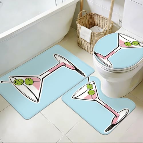 Lot de 3 tapis de salle de bain lavables bleu motif verre à vin
