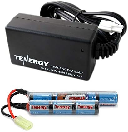 Tenergy 8.4V Airsoft Battery 1600mAh NiMH Nunchuck Battery w/ Mini Tamiya Connector for Airsoft Gun M4 Rifle + 8.4V-9.6V NiMH Battery Charger w/ Mini Tamiya Connector and Standard Tamiya Adaptor