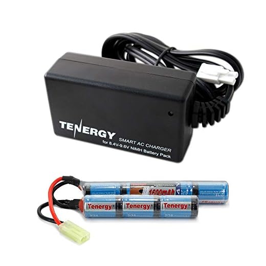 Tenergy 8.4V Airsoft Battery 1600mAh NiMH Nunchuck Battery w/ Mini Tamiya Connector for Airsoft Gun M4 Rifle + 8.4V-9.6V NiMH Battery Charger w/ Mini Tamiya Connector and Standard Tamiya Adaptor