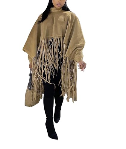 xxxiticat Women's Fringe Suede Poncho Long Sleeve High Neck Asymmetric Tassel Shawl Cape Cloak Oversized Pullover Jacket