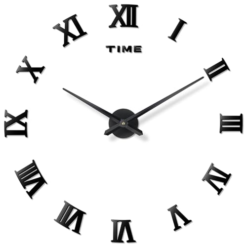 DIY Wall Clock Large Frameless 3D Clock Mirror Effect Classical Roman Numerals Wall Sticker Metal Hands Silent Quartz Movement Decor for Living Room, Bedroom, Office (Black)