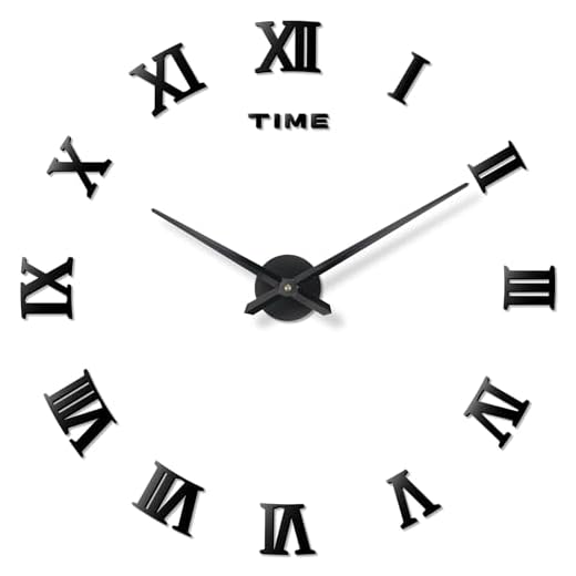 DIY Wall Clock Large Frameless 3D Clock Mirror Effect Classical Roman Numerals Wall Sticker Metal Hands Silent Quartz Movement Decor for Living Room, Bedroom, Office (Black)