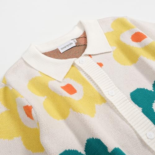 OXKNIT Men's Vintage Polo Shirt Flower Patterns Knit Casual Button Down Short Sleeve Shirts3