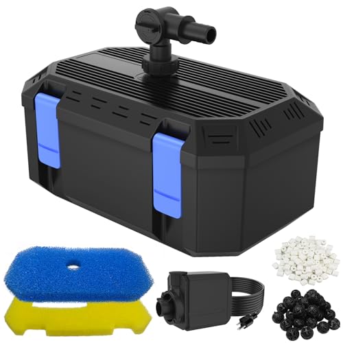 FUMAK Pond Filter Pump with 4-Stage Filtration System | 25W 400GPH Submersible Pond Pump | Pond Filter Box for 200-350 Gal Outdoor Koi Fish Pond Garden Fountain Waterfall & Water Feature