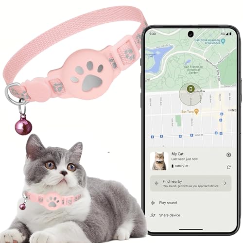 Collare Gps gatto, Gps per Gatti Senza SIM Senza Abbonamento, Localizzatore GPS per Gatto Funziona con goo- gle Find My (solo Android) (Collare + localizzatore rosa)