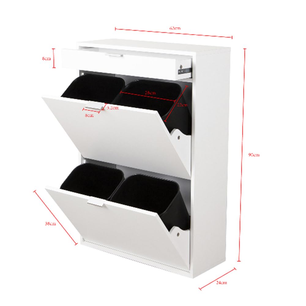 Ease Mülleimer Küche 4 Fächer, 4 x 10L Recycling Große Abfalleimer aus Kunststoff Mülltrennsystem, Recycling Schrank für Mülltrennung, Mülleimerschrank für Küche Wohnung Büro, Weiß 2