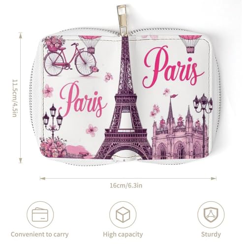 Pu Leather Credit Card Holder for Women, Slim Card Organizer Case Money Bag with 20 Slots Pink Paris Eiffel Tower Zipper Mini Wallet3