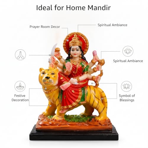 Image of Durga Maa Idol Sitting on Tiger Resin Murti for Home Temple & Pooja Room | Sherawali MATA Murti Small Size for Navratri Decoration | Durga MATA Idol for Home Decor (21 cm)