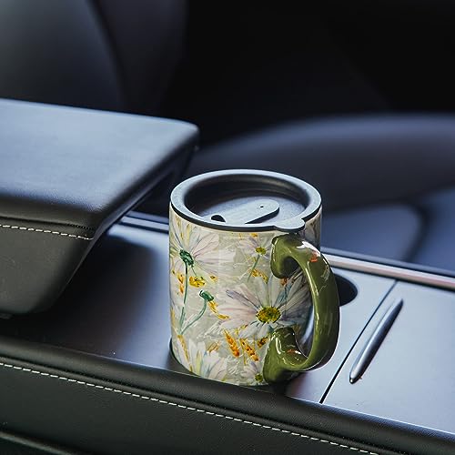 DUSVALLY Ceramic Mug Large Coffee Cup Tall Mugs Porcelain Latte Tea Cup with Lid 17oz,Daisy - Image 4