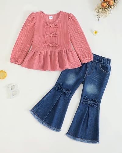 Toddler Baby Girl Clothes, Little Girls Fall Winter Outfits Clothing, Bow Shirt Flared Denim Pants Bell Bottom Jeans4