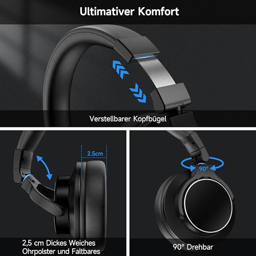 syndesmos Studio Kopfhörer Bluetooth, Over Ear Kopfhörer mit Kabel 6.35 & 3.5mm Klinke, 50mm Treiber, HiFi Kopfhörer mit Mikrofon, Geschlossen DJ Headphones für Studio, Podcast, Monitor, Handy, PC