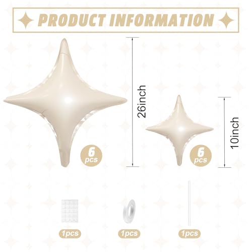 Image of Cream White Star Balloons,12Pcs Four Angle Star Foil Balloons | 26Inch and 10Inch Sand White Quadrangle Star Helium Balloon for Birthday Baby Shower Wedding Party Decorations