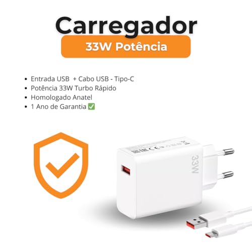 Carregador Turbo Rápido 33W Compatível com K30 Poco F2 Pro M3 X3 Nfc Mi 10 Mi4C Note 2 Note 7 Note 8