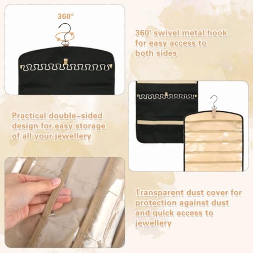 Schmuckschrank Hängend Schmuck Organizer mit Aufhänger, Doppelseitige Schmuckaufbewahrung Schmuckhalter Wand Faltbarer Schmuckständer für Ohrringe Halskette Ring Armband (39 Taschen + 42 Wellenhaken)