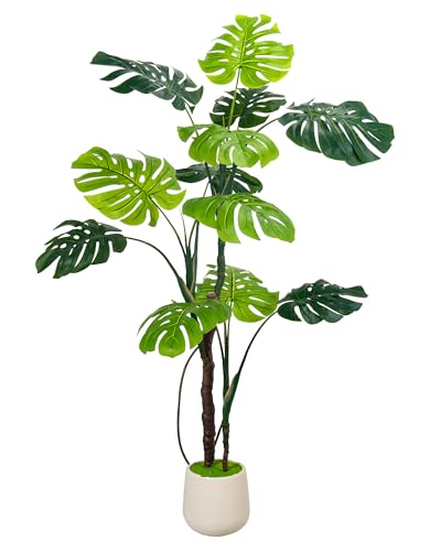 Large Artificial Monstera Deliciosa Fake Plant with White Planter, 5Ft Faux Floor Plants Fake Tropical Tree with Pot for Indoor Outdoor Office House Living Room Home Decor