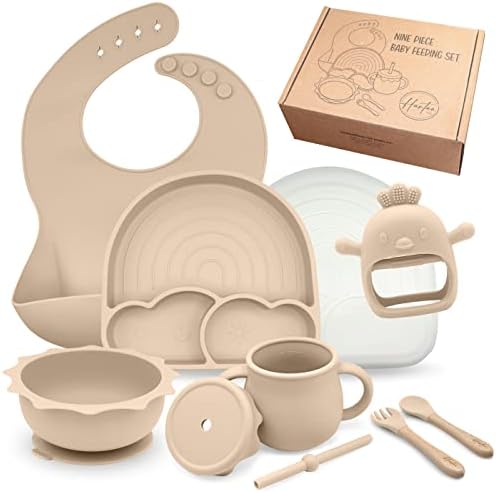 Silicone Baby Feeding Set, Toddler Led Weaning Supplies, Bib, Divided Plate, Suction Bowl, Cup, Spoon Fork Boys or Girls (Oatmeal)