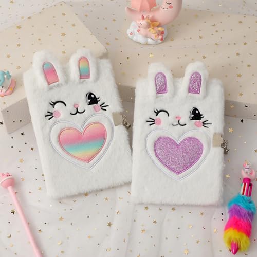 Image of Caviotess Plush Bunny Secret Diary with Lock and Key, Cute Glitter Locking Journal Writing Drawing Notepad for Girls Kids (160 Pages)