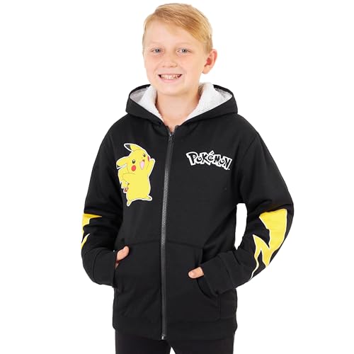 Pokemon Hoodies for Boys Teens 7-14 Years, Soft Sherpa Fleece Hooded Sweatshirt, Warm Zip Up Loungewear, Anime Gifts for Boys (11-12 Years, Black Pikachu)