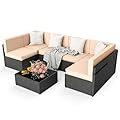 Pamapic Outdoor Rattan Sectional Sofa Conversation Set,7 Pieces Patio Furniture with Tea Table and Washable Cushions, Cream